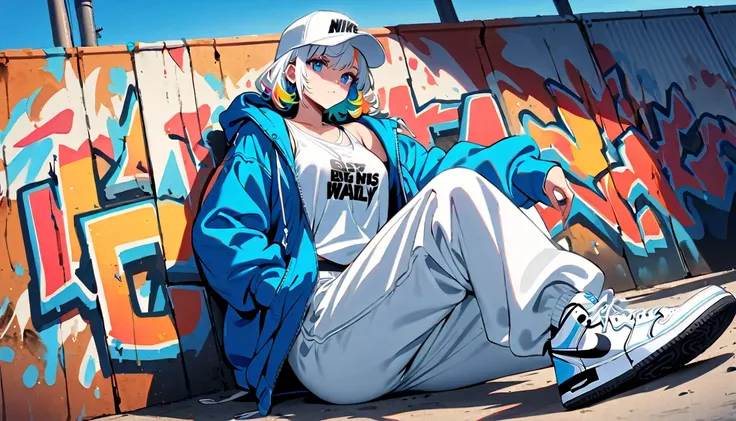 HD 8k Handsome sexy cute, Solitary, 1 female, Medium Length Hair, white hair, Rainbow hair, blue Eyes, hoodie, colored hoodie, White Trucker Hat, hip-hop style big white tank top white big pants, NIKE is sneakers, Human focus, outdoor, blue sky, White clou...