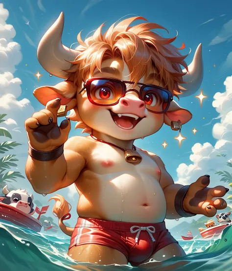 (cute, chubby, anthro, bull cub), chibi, nude, luminiscent red eyes, (((red swim briefs))), blush, smile, open mouth, male focus, day, cloud, water, wet, sparkle, sunglasses, partially submerged, sun, detailxl 
