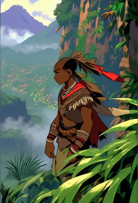 Ultra Realistic, Highly Defined Details, Jungle Tribal Village In The Foreground, Shadowy Distant Back Drop, Rainforest Sensory, Mellow Color Shading Capturing the Mode, Young Adult African Male Villager, Bent Over, Climbing With Hands, Snowy Mountain Peak...