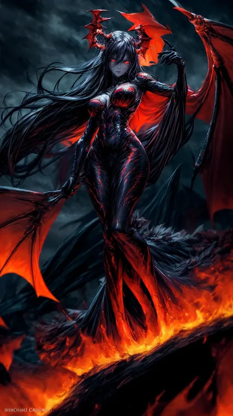 Storyboard, masterpiece, highest quality, dragonlady queen, perfect demoness, long legs, hourglass fugure, bright red glowing eyes, detailed eyes (1.4), scars on face, villainous expression, flaming skin body with bioluminescent glowing pattern, ready for ...