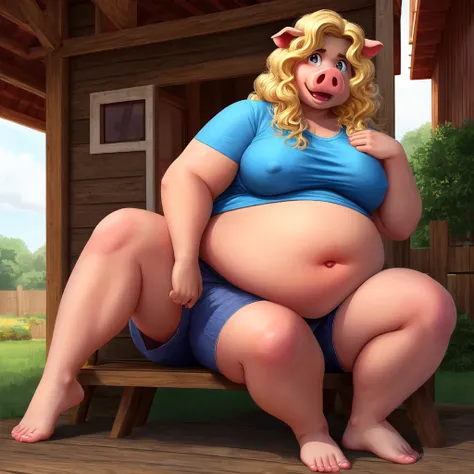 ((Best quality)), ((masterpiece)), (detailed), pig, pig girl, furry pig, big body, большой body, is sitting, smooth belly, shorts, серые shorts, T-shirt, View from afar, long hair, blonde hair, Beautiful face, skinny face, age 45, voluminous hair , curly h...