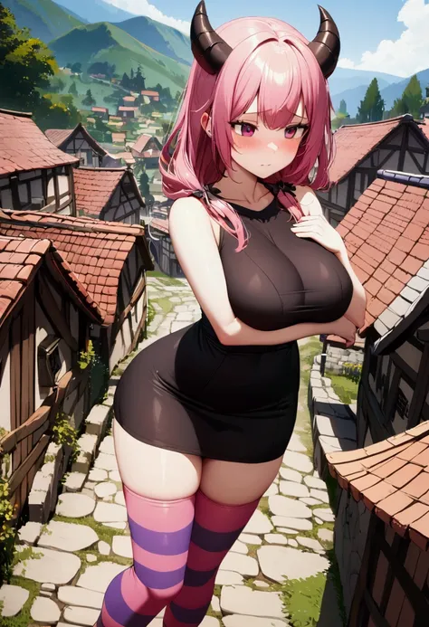 1girl with long pink hair, violet red eyes, two small horns on head, short black dress, big breasts, striped stockings, shy face, village