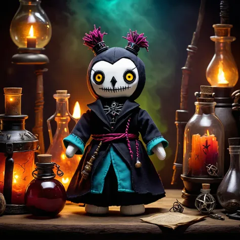 (knitted toy voodoo doll:1.7), (Voodoo Penguin Alchemist:1.3), (Clothing: tattered alchemist robes with dark runes:1.0), (Accessories: enchanted potion bottles, glowing sinister cauldron:1.2), (background: haunted laboratory with floating, glowing spectral...