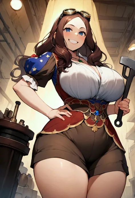 solo、One girl、women only、Huge Ass、Huge breasts、Hyper Chest、Wide hips、Thick thighs、Front view、Leonardo da Vinci、Leonardo da Vinci (fate)、Long Hair、bangs、blue eyes、Brown Hair、分けたbangs、Underbust、gem、(esugaki)、Wicked Smile、teeth、Proud face、(A bust that seems t...