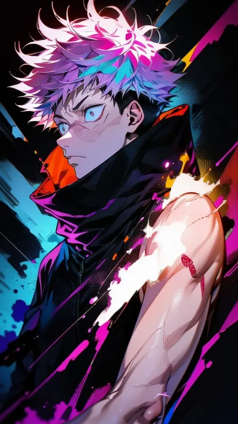 a male character named "ROYAMEN SUKUNA" in. "Jujutsu Kaisen" story series, has short, dry, pink hair, is dressed in a black hoodie with a red hoodie, has a tattoo on the face that resembles black abstract lines, and a curved tattoo on the wrist down to the...