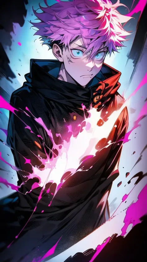 a male character named "ROYAMEN SUKUNA" in. "Jujutsu Kaisen" story series, has short, dry, pink hair, is dressed in a black hoodie with a red hoodie, has a tattoo on the face that resembles black abstract lines, and a curved tattoo on the wrist down to the...