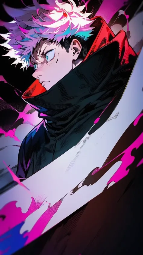 a male character named "ROYAMEN SUKUNA" in. "Jujutsu Kaisen" story series, has short, dry, pink hair, is dressed in a black hoodie with a red hoodie, has a tattoo on the face that resembles black abstract lines, and a curved tattoo on the wrist down to the...