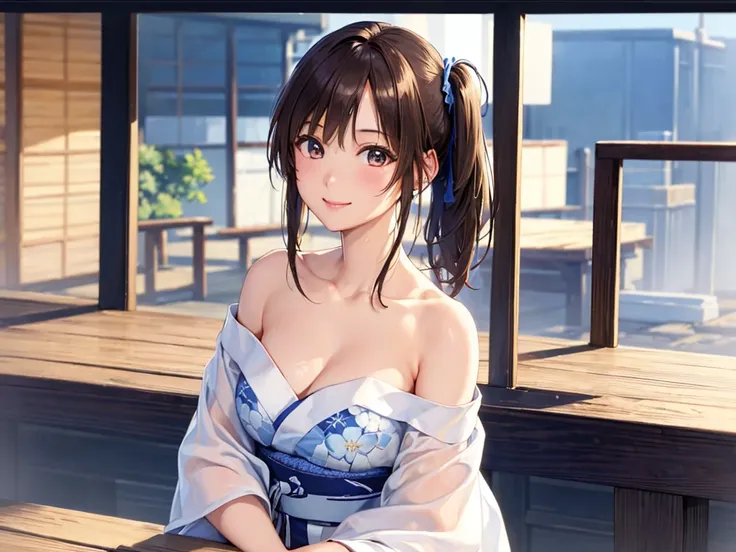 (masterpiece、Highest quality:1.2),Frame In、 Cowboy Shot, alone, One Girl, View your viewers, (Highest quality, 8k, Oil, Tabletop:1.2), Very detailed, (Realistic, Realistic:1.37), Vibrant colors, Wearing a white and blue yukata、Side Ponytail、Brown Hair、smil...