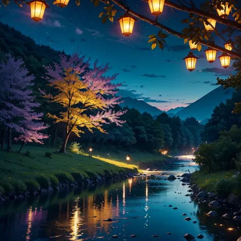 summer night、Along the river in a small rural village surrounded by mountains、A scene of people enjoying firefly hunting。Lanterns are hung at equal intervals on both sides of the river.、It emits a soft orange light。Lanterns and fireflies on the tree々or len...