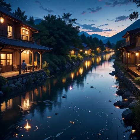 summer night、Along the river in a small rural village surrounded by mountains、A scene of people enjoying firefly hunting。Lanterns are hung at equal intervals on both sides of the river.、It emits a soft orange light。Lanterns and fireflies on the tree々or len...