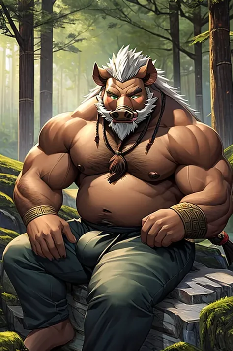 ((((1 boar man)))), (boar male), (beast man), (white beard:1.2, long beard), brown skin,, (white hair), ((very fat)), muscular body, short stature, strong eyes, ((ancient China, ancient China clothing, three kingdoms style)), ((bulge in pants)), ((green fo...