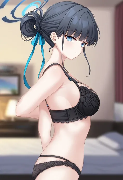 [toki(blue archive)], [pakosun,ningen_mame].
[modare], ciloranko, wolp, 1girl, solo, breasts, long hair, alternate costume, black bra, black panties, standing, bedroom, looking at viewer, upper body, Blurred background, from side, Dynamic pose, tying hair,...