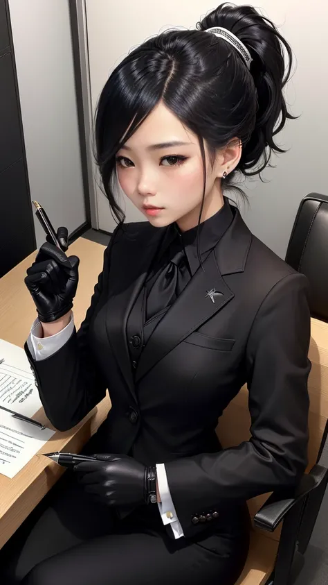 A jet black tailored three-piece suit、Black Leather Gloves、Signing documents with a fountain pen in the office、Black hair ponytail、Earrings、Young Japanese women