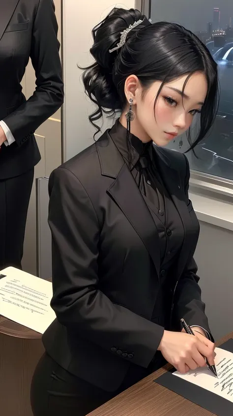 A jet black tailored three-piece suit、Black Leather Gloves、Signing documents with a fountain pen in the office、Black hair ponytail、Earrings、Young Japanese women