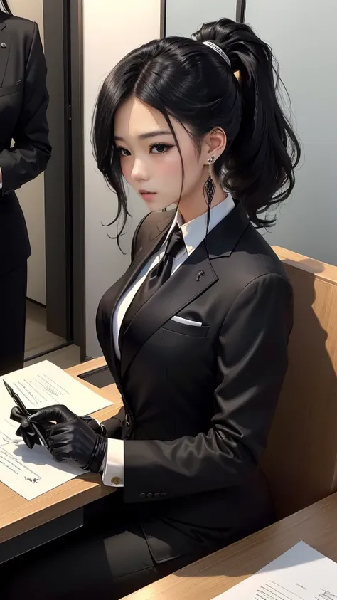 A jet black tailored three-piece suit、Black Leather Gloves、Signing documents with a fountain pen in the office、Black hair ponytail、Earrings、Young Japanese women