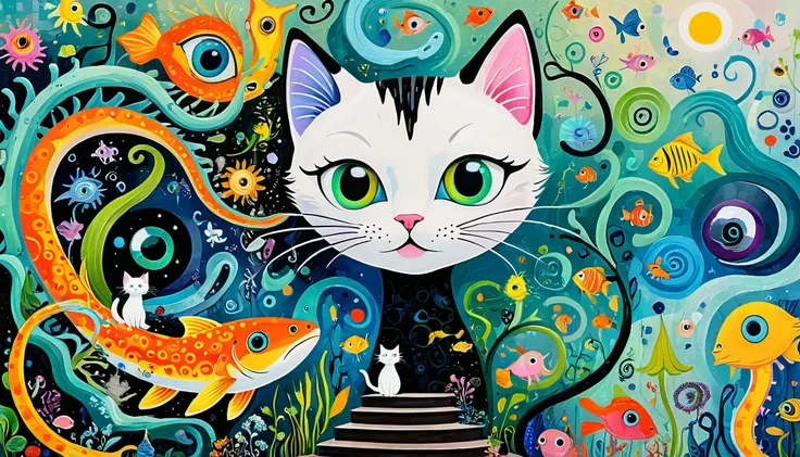 Childrens graffiti,Thick Coating，Bumpy texture，Oil pastel strokes：Colorful black，Dopamine Color Matching，Cats who love fish、Floesch、Spiral staircase、Tentacles、bird、(((eye)))、diatom，Abstract Mosaic，Autistic people々Depicting the inner world of，Large white pa...