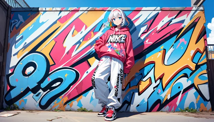 HD 8k Handsome sexy er9:16, Solitary, 1 female, Medium Length Hair, white hair, Rainbow hair, blue Eyes, hoodie, colored hoodie, White hair band, hip-hop style big white tank top white big pants, NIKE is sneakers, Human focus, outdoor, blue sky, White clou...