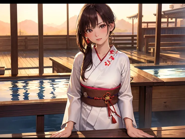 (masterpiece、Highest quality:1.2),Frame In、 Cowboy Shot, alone, One Girl, View your viewers, (Highest quality, 8k, Oil, Tabletop:1.2), Very detailed, (Realistic, Realistic:1.37), Vibrant colors, Wearing a white and red yukata、Side Ponytail、Brown Hair、Angry...