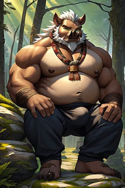 ((((1 boar man)))), (boar male), (beast man), (white beard:1.2, long beard), brown skin,, (white hair), ((very fat)), muscular body, short stature, strong eyes, ((ancient China, ancient China clothing, three kingdoms style)), ((bulge in pants)), ((green fo...