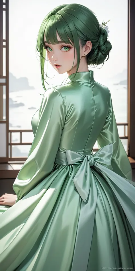 Portraiture、(masterpiece,Highest quality,Ultra-high resolution),Japanese women, (((Very beautiful 25 year old girl))),She is wearing a long-sleeved dress made of shiny pale green satin.、The dress has a simple design without any patterns.