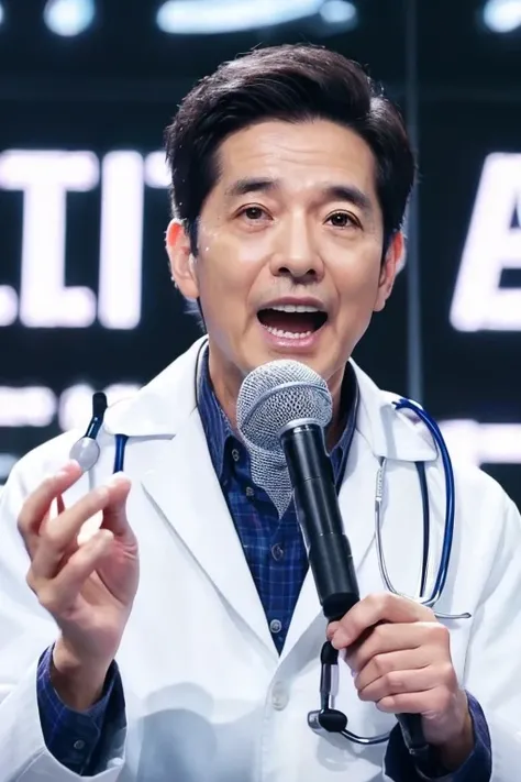 Doctor、White、Elderly men、Japanese、Announcement on microphone、front