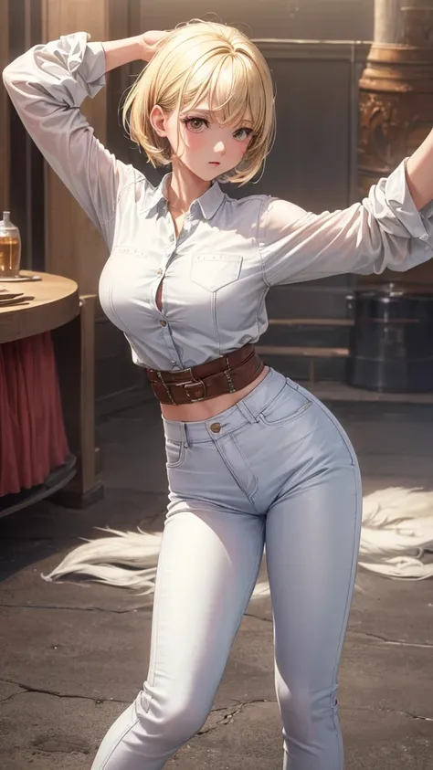 (masterpiece, highest quality, ultra high res, ultra detailed:1.3), 1 cute girl, ideal ratio body proportions, blonde short hair, white shirt, brown jacket, blue denim pants, (dancing with wolves:1.2), (dancing wolves:1.4), wilderness, 