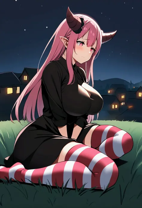 1girl with long pink hair, violet red eyes, two small horns on head, short black dress, big breasts, striped stockings, shy face, village on background, sit on grass, fear, night time