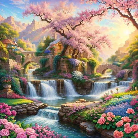 Cream-colored short-haired cat - Fantastic - Painting Style Waterfall Soft painting style Brightly colored Bright light a wonderful heavenly garden, rainbow reflected on a splendid river valley of eden sea a wonderful valley,morning sun, river, roses, past...