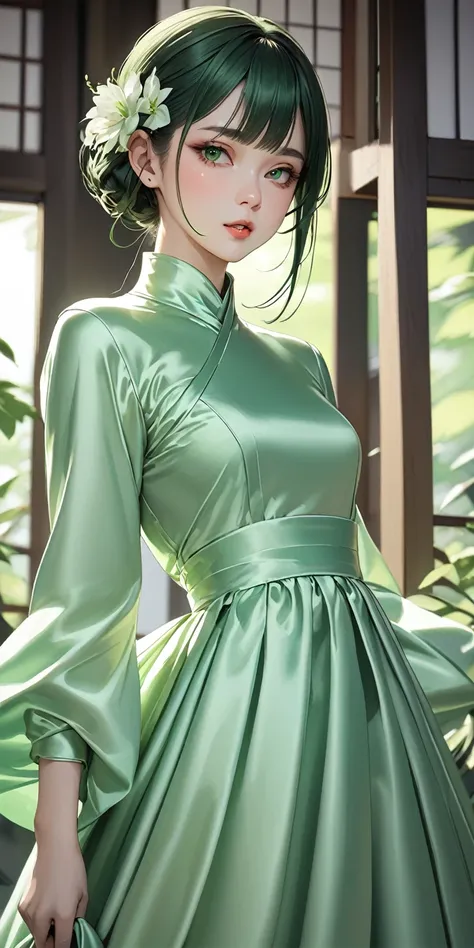 Portraiture、(masterpiece,Highest quality,Ultra-high resolution),Japanese women, (((Very beautiful 25 year old girl))),She is wearing a long-sleeved dress made of shiny pale green satin.、The dress has a simple design without any patterns.