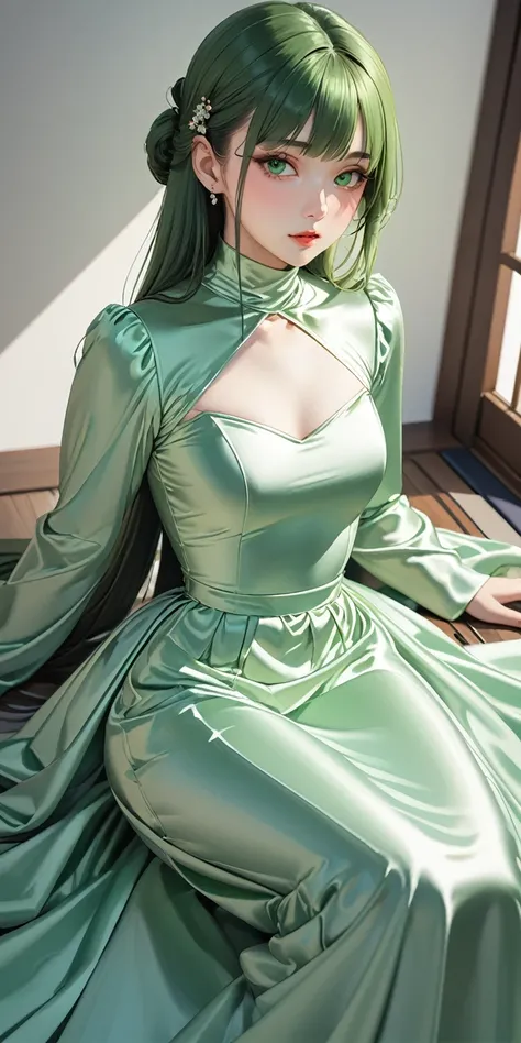 Portraiture、(masterpiece,Highest quality,Ultra-high resolution),Japanese women, (((Very beautiful 25 year old girl))),She is wearing a long-sleeved dress made of shiny pale green satin.、The dress has a simple design without any patterns.、simple long skirt