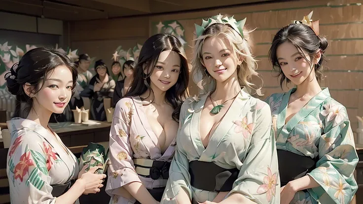 (((((((((Emphasize cleavage))))))))) 
(((((((Bra is visible)))))))
(((((((((Right shoulder visible)))))))))
(((((((((Three Women))))))))) 

(((((((((((Woman in floral yukata))))))))))


((((((White skin))))))
((((((Heavy makeup))))))
((((((Beautiful Face))...