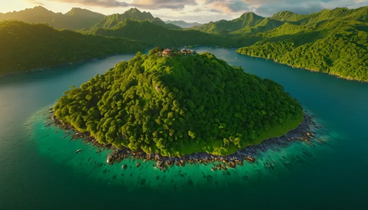 a peaceful island, mountainous green forest, high angle drone view, fantasy landscape, evening sun, local island homes, detailed, highly realistic, photorealistic, 8k, cinematic lighting, warm color tones, picturesque, lush foliage, dramatic clouds, serene...