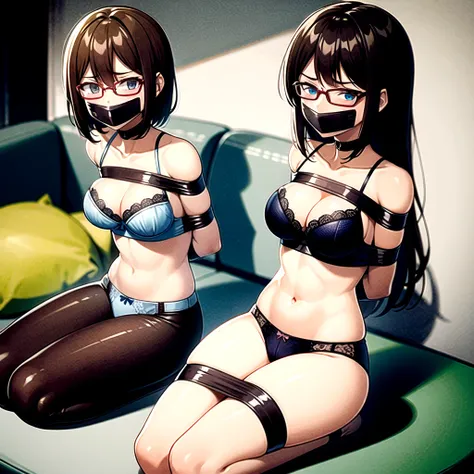 2girl, seductive eyes, blush, cute, blue eyes, brown hair, glasses, mouth gagged wearing blue bra, wearing blue panties, no pants, arms tied on back, legs spread and taped, bondage, bdsm, best quality, masterpiece, highres