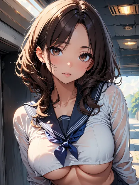 (highest quality, 4k, masterpiece :1.3), Beautiful woman, 1 girl, (chest, attractive body :1.2), underboob, JK,thong, crop top white shirt,  dark brown hair: 1.1, sailor suit, super detailed face, lip details, fine eyes, double eyelid