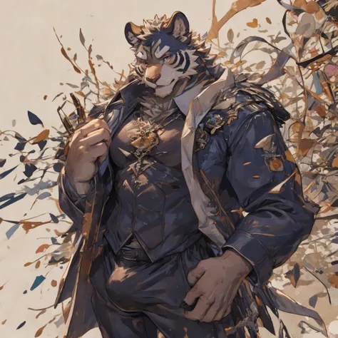 {{bara extremely handsome white tiger,}} {{white fur,}} white, wearing elegant ornate suit jacket, trousers, white dress shirt and necktie, white fluffy furry body and limbs, loafers, very tall, very broad shoulders, narrow waist, muscular arms, massive pe...