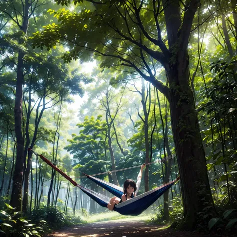 In the lush forest、Person swinging in a hammock。A scene with sunlight filtering through the trees