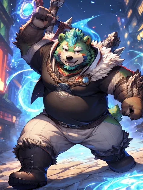 anthro, kemono, male, solo, ((round face, very plump face, thick beard)), (((dark beard))), ((endomorph body type, old-aged, mature)), ((green bear, bear) fluffy fur, fluffy), (high quality, highres, masterpiece), (dynamic lighting, vivid color), (generous...