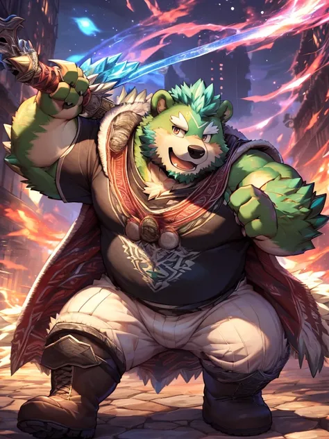 anthro, kemono, male, solo, ((round face, very plump face, thick beard)), (((dark beard))), ((endomorph body type, old-aged, mature)), ((green bear, bear) fluffy fur, fluffy), (high quality, highres, masterpiece), (dynamic lighting, vivid color), (generous...