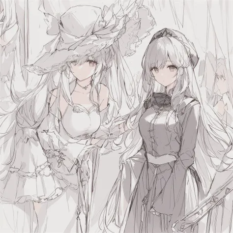 A sketch of a woman with long hair and a hat standing in front of other women, Girls&#39; Frontline style, Kantai Collection Style, from Girls&#39; Frontline, Fine details. Girls&#39; Frontline, Girls&#39; Frontline cg, Girls&#39; Frontline, Mr.々A pose, Ka...