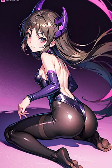 Highest quality　Highest quality　Draw a face carefully　High quality anime style faces　Super shiny skin　Black full body suit　Purple Pantyhose　barefoot　Succubus　Lure　smile　Rear View　Back view