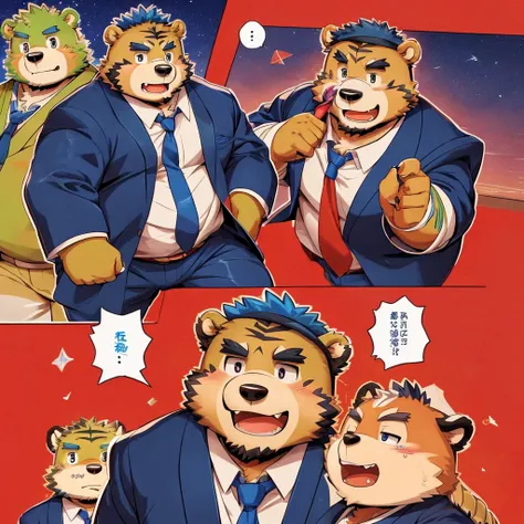 jinpei and kosutora, furry, anthro, 2boy bear and tiger, gag comics, 2boy, in the office, a anime of a boys manga, country of muslims, color manga, manga color, color manga, color manga panel, background, Comic storyboard:1.8, Comic strip, comic layouts, l...