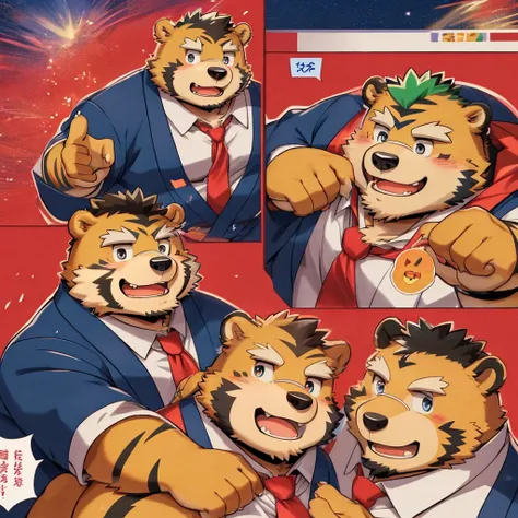 jinpei and kosutora, furry, anthro, 2boy bear and tiger, gag comics, 2boy, in the office, a anime of a boys manga, country of muslims, color manga, manga color, color manga, color manga panel, background, Comic storyboard:1.8, Comic strip, comic layouts, l...