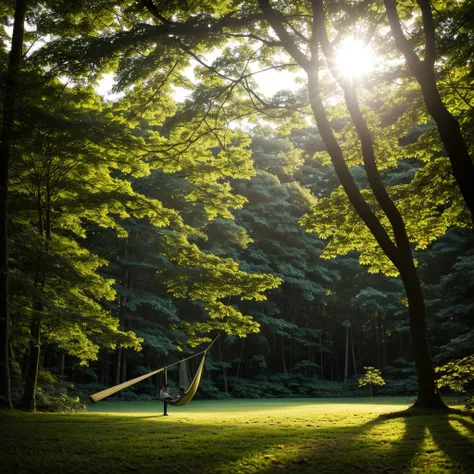 In the lush forest、A man swinging in a hammock。A scene with sunlight filtering through the trees