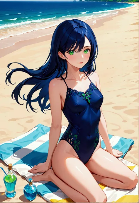 Girl with dark blue hair, green eyes,tall rectangular body figure, mature,chilling on the beach