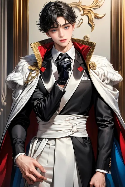 
masterpiece、最high quality、high quality、1 boy、One person、Male Focus、Gazing at the audience、Messy black hair、Adorable big blue eyes、White、noble、noble、Sexy voluminous black and red cape、tuxedo、Very voluminous and big, puffed up、Very large、Very large、long、lon...