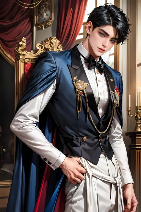 
masterpiece、最high quality、high quality、1 boy、One person、Male Focus、Gazing at the audience、Messy black hair、Adorable big blue eyes、White、noble、noble、Sexy voluminous black and red cape、tuxedo、Very voluminous and big, puffed up、Very large、Very large、long、lon...