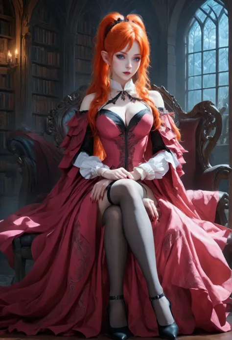 arafed a picture of elf vampire in her castle. an exquisite beautiful, busty, female elf vampire (ultra details, Masterpiece, best quality), full body, ((anatomically correct: 1.5) bloody mouth, orange hair, pale skin, hair in a ponytail, long hair, blue e...