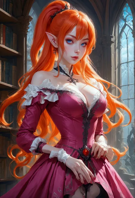 arafed a picture of elf vampire in her castle. an exquisite beautiful, busty, female elf vampire (ultra details, Masterpiece, best quality), full body, ((anatomically correct: 1.5) bloody mouth, orange hair, pale skin, hair in a ponytail, long hair, blue e...