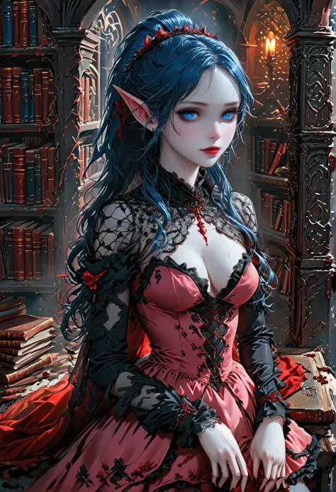 arafed a picture of elf vampire in her castle. an exquisite beautiful, busty, female elf vampire (ultra details, masterpiece, be...