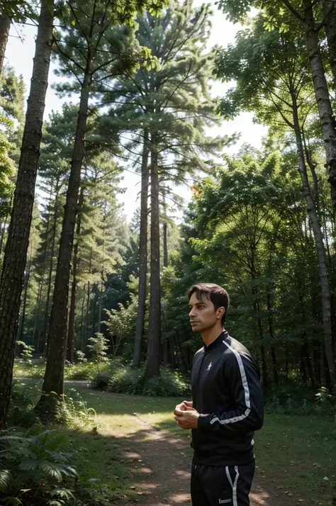  man 40 years old, European, with short hair and dark hair, dressed in a tracksuit. He is in nature, among tall trees and dense greenery, in soft sunlight, passing through the leaves. Provide, to make lighting and shadows look natural. A man should look ca...